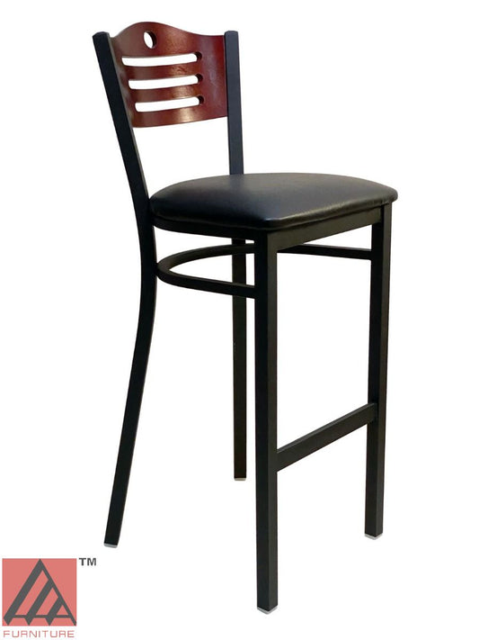 AAA Furniture Ladder Wood Back 43" Brown Metal Bar Stool with Black Grade 5 Vinyl Seat