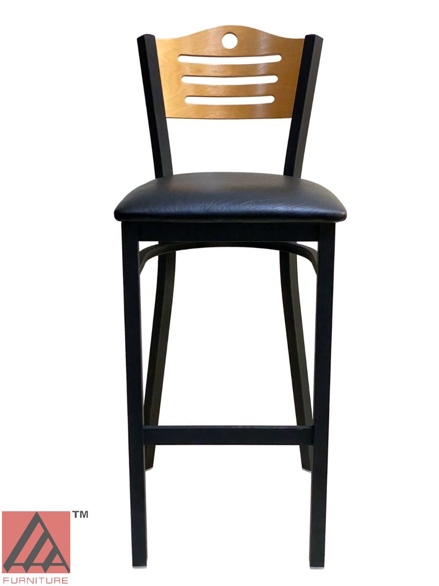 AAA Furniture Ladder Wood Back 43" Natural Metal Bar Stool with Black Grade 4 Vinyl Seat