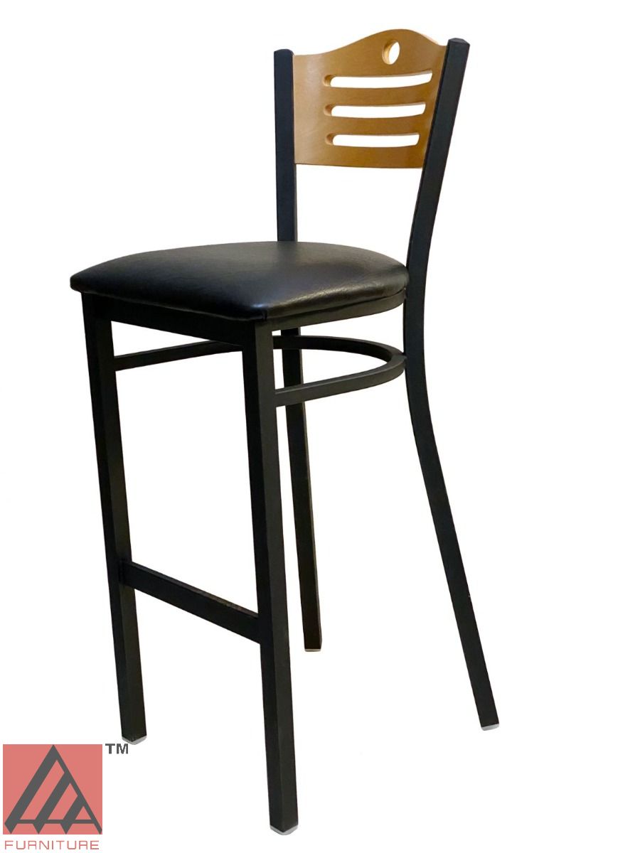 AAA Furniture Ladder Wood Back 43" Natural Metal Bar Stool with Black Grade 4 Vinyl Seat