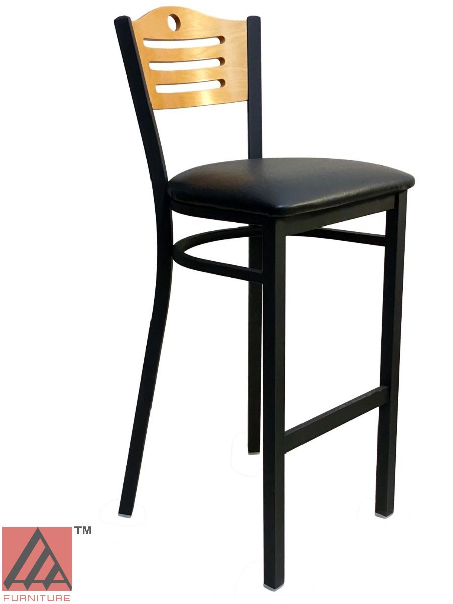 AAA Furniture Ladder Wood Back 43" Natural Metal Bar Stool with Black Grade 4 Vinyl Seat