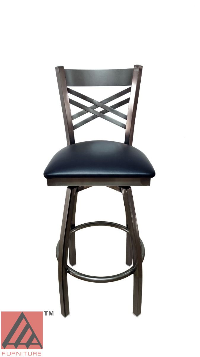 AAA Furniture Metal Crisscross Back Swivel 43" Clear Coat Metal Bar Stool with Black Vinyl Seat