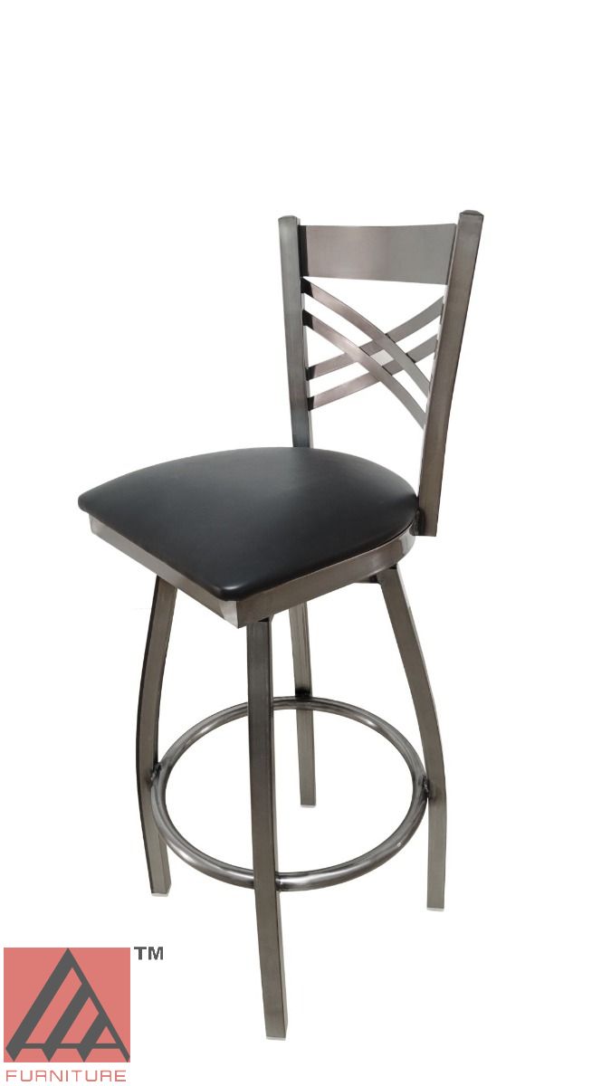 AAA Furniture Metal Crisscross Back Swivel 43" Clear Coat Metal Bar Stool with Black Vinyl Seat