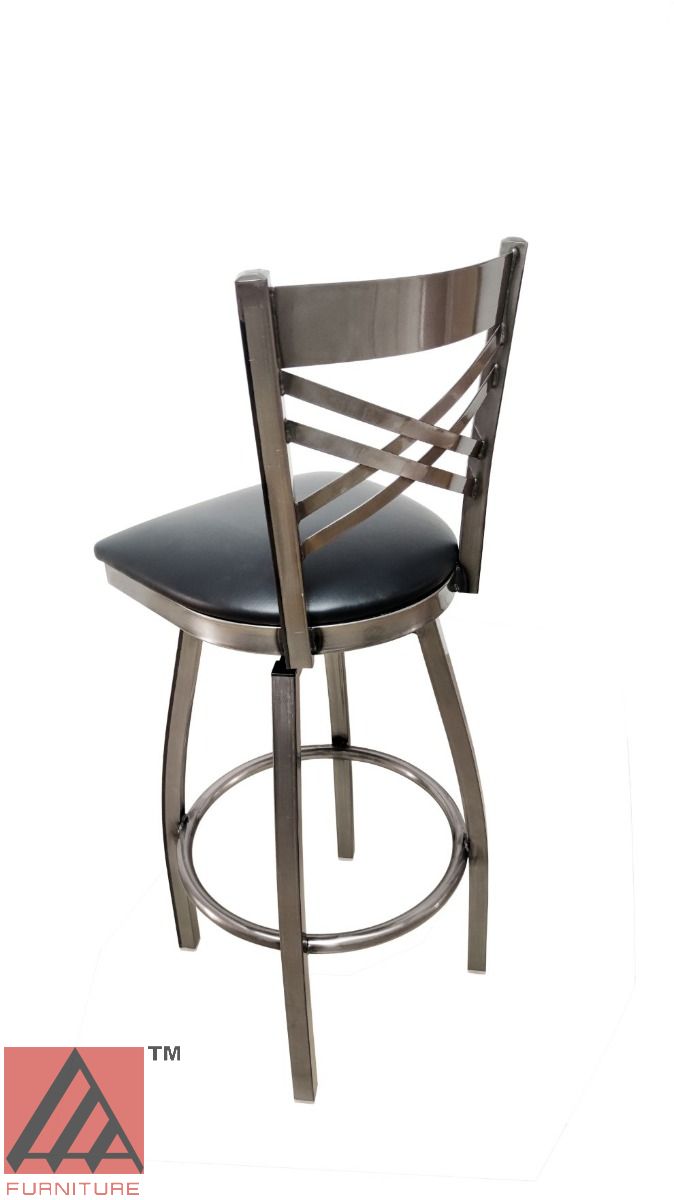 AAA Furniture Metal Crisscross Back Swivel 43" Clear Coat Metal Bar Stool with Black Vinyl Seat