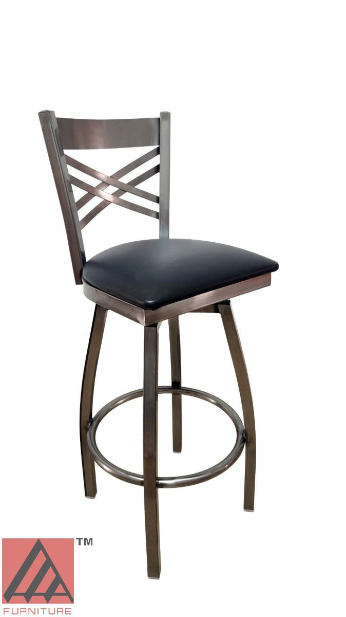 AAA Furniture Metal Crisscross Back Swivel 43" Clear Coat Metal Bar Stool with Black Vinyl Seat