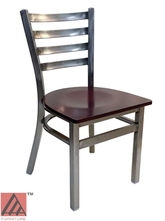 AAA Furniture Metal Ladder Back 31" Clear Coat Metal Chair with Brown Wood Seat