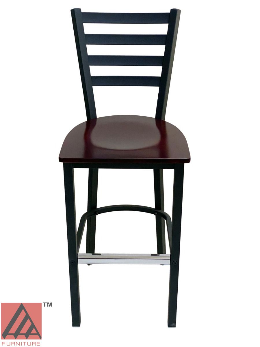 AAA Furniture Metal Ladder Back 43" Black Metal Bar Stool with Brown Wood Seat