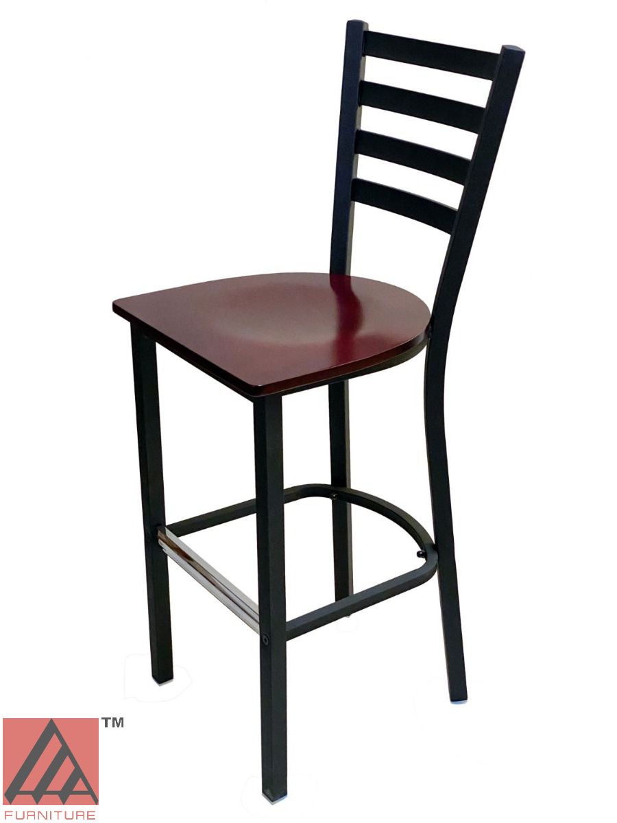 AAA Furniture Metal Ladder Back 43" Black Metal Bar Stool with Brown Wood Seat