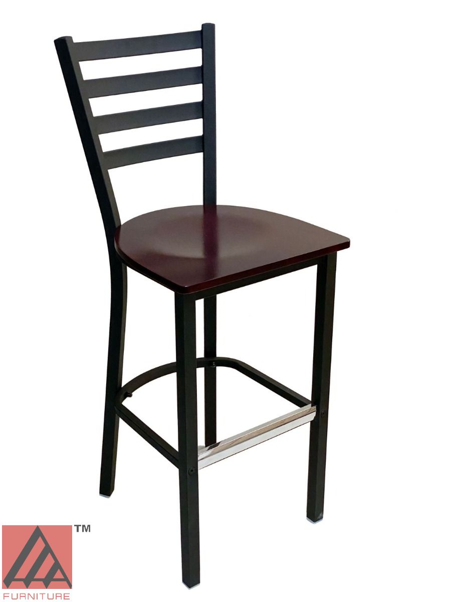 AAA Furniture Metal Ladder Back 43" Black Metal Bar Stool with Brown Wood Seat