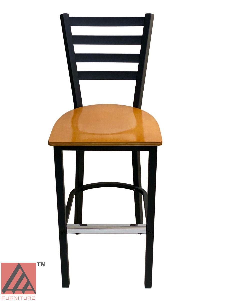 AAA Furniture Metal Ladder Back 43" Black Metal Bar Stool with Natural Wood Seat