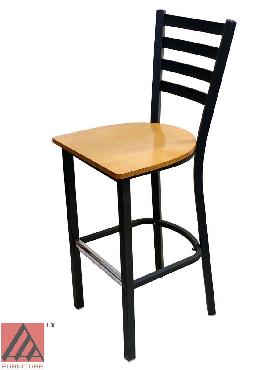 AAA Furniture Metal Ladder Back 43" Black Metal Bar Stool with Natural Wood Seat