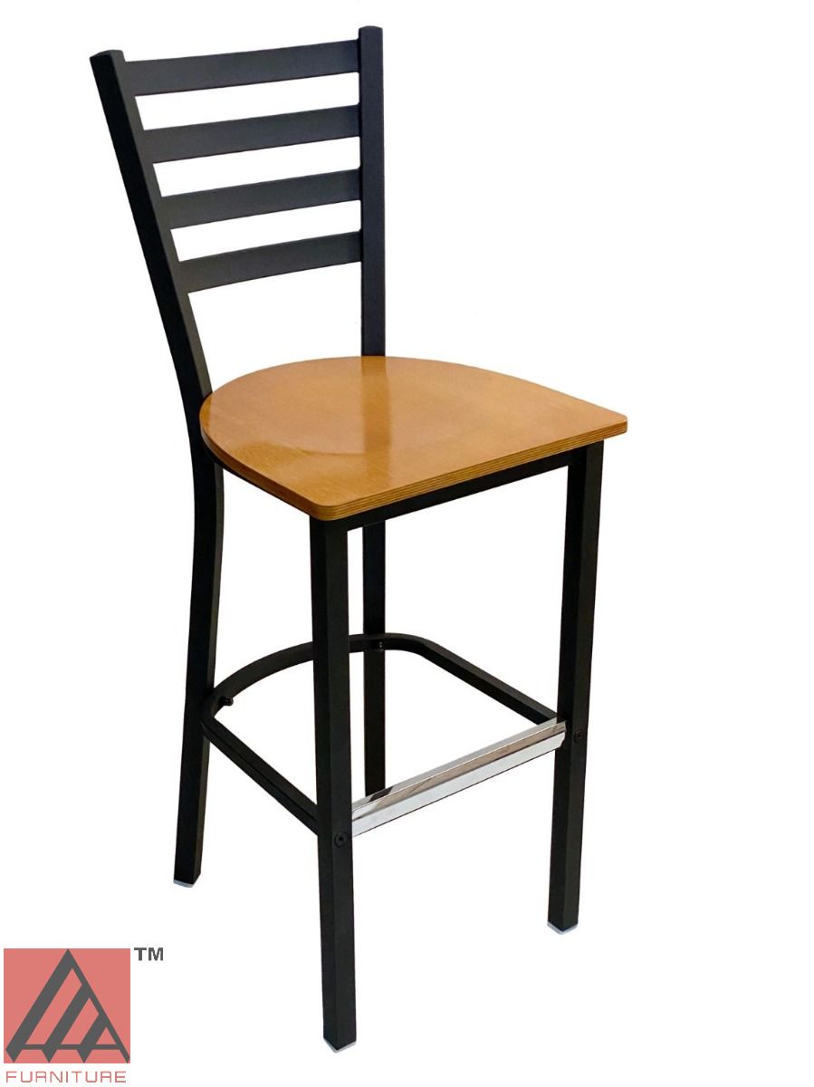 AAA Furniture Metal Ladder Back 43" Black Metal Bar Stool with Natural Wood Seat