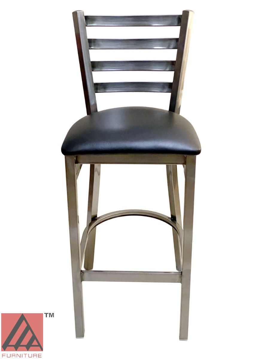 AAA Furniture Metal Ladder Back 43" Clear Coat Metal Bar Stool with Black Customer Owned Material Seat