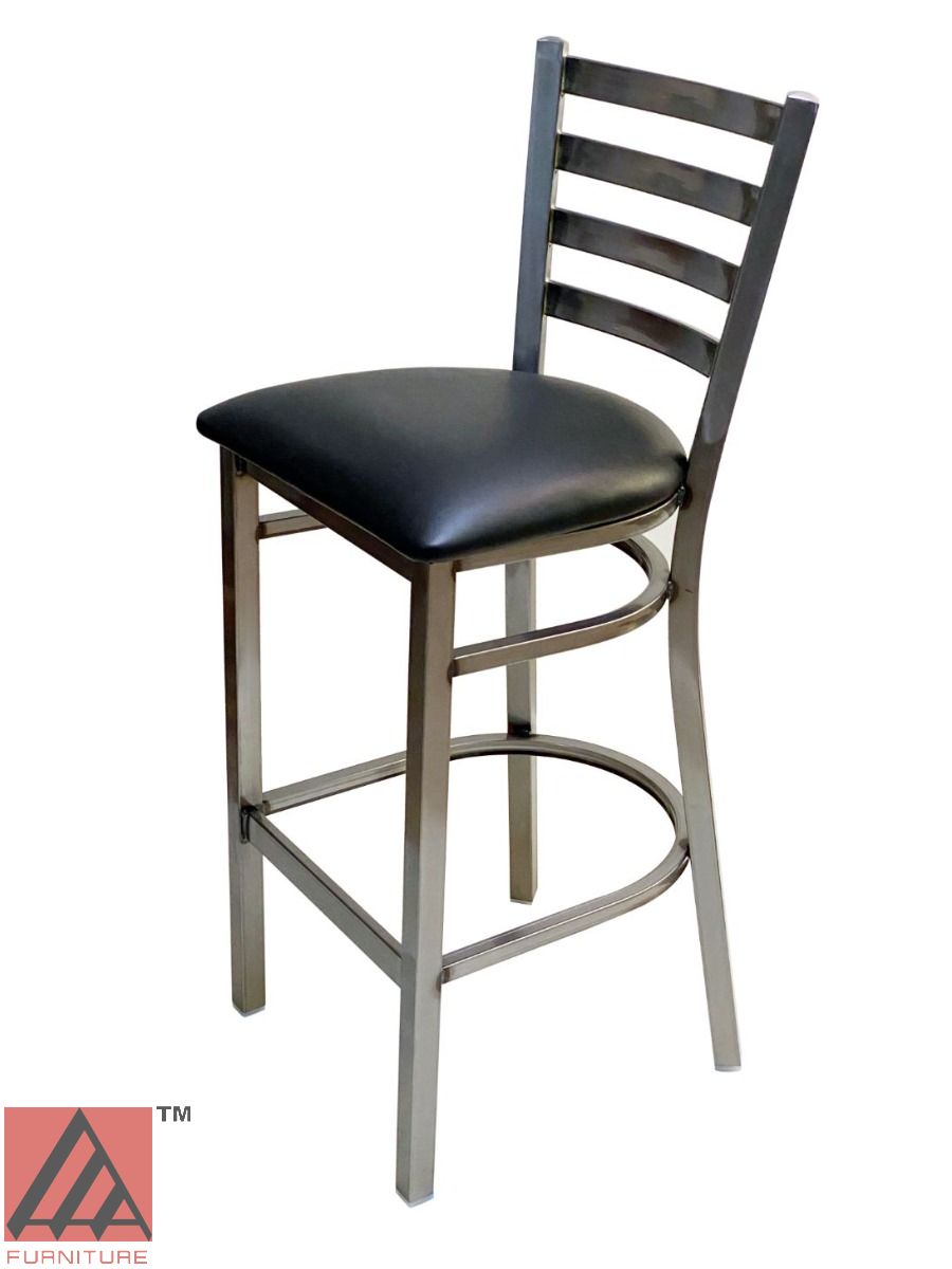 AAA Furniture Metal Ladder Back 43" Clear Coat Metal Bar Stool with Black Customer Owned Material Seat