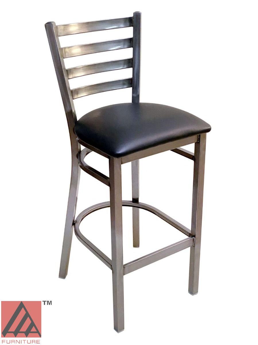 AAA Furniture Metal Ladder Back 43" Clear Coat Metal Bar Stool with Black Customer Owned Material Seat