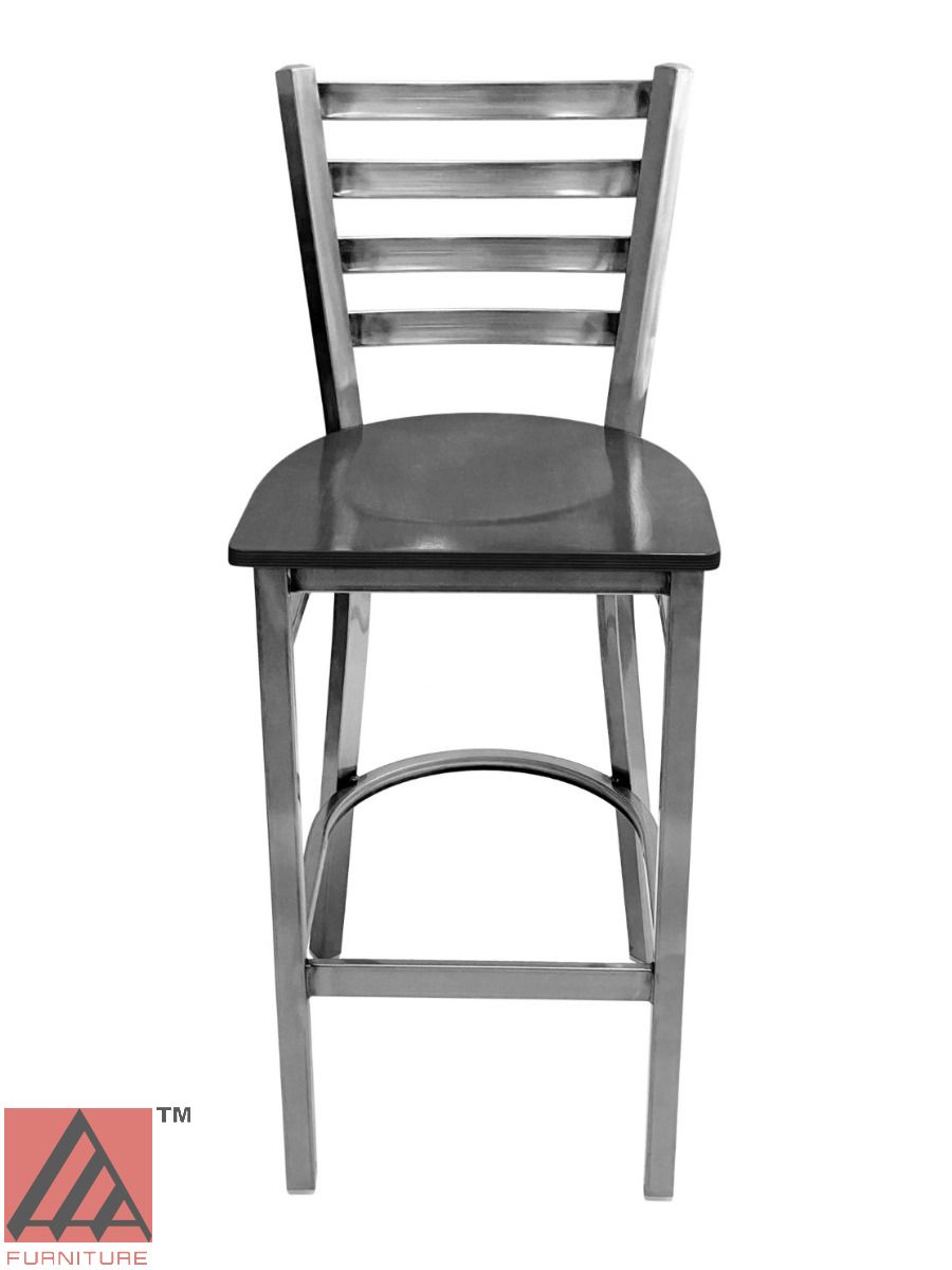 AAA Furniture Metal Ladder Back 43" Clear Coat Metal Bar Stool with Black Wood Seat