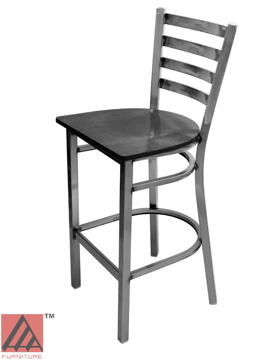 AAA Furniture Metal Ladder Back 43" Clear Coat Metal Bar Stool with Black Wood Seat