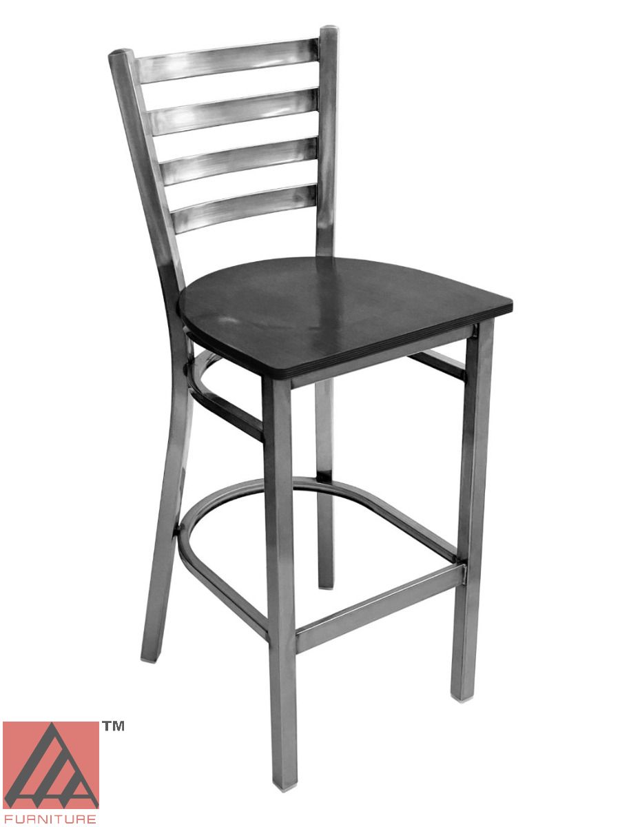 AAA Furniture Metal Ladder Back 43" Clear Coat Metal Bar Stool with Black Wood Seat