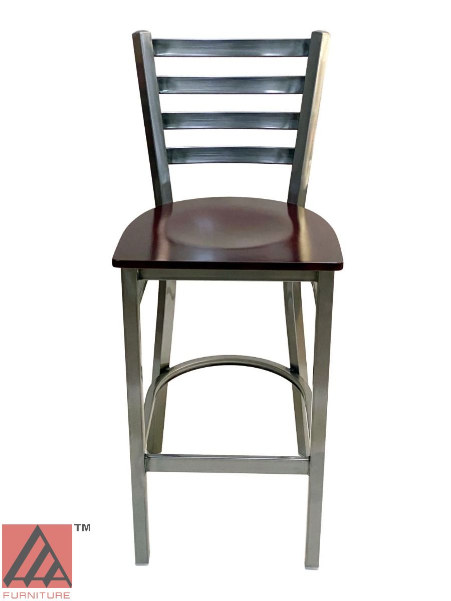 AAA Furniture Metal Ladder Back 43" Clear Coat Metal Bar Stool with Brown Wood Seat