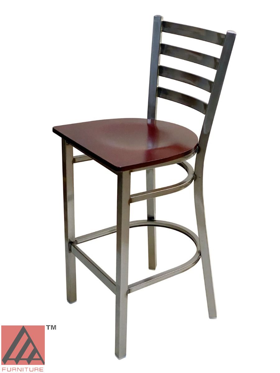 AAA Furniture Metal Ladder Back 43" Clear Coat Metal Bar Stool with Brown Wood Seat