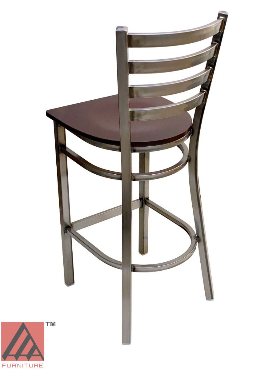 AAA Furniture Metal Ladder Back 43" Clear Coat Metal Bar Stool with Brown Wood Seat