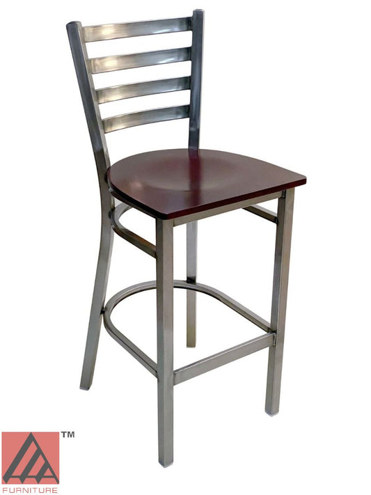 AAA Furniture Metal Ladder Back 43" Clear Coat Metal Bar Stool with Brown Wood Seat