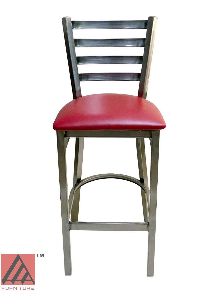 AAA Furniture Metal Ladder Back 43" Clear Coat Metal Bar Stool with Claret Customer Owned Material Seat