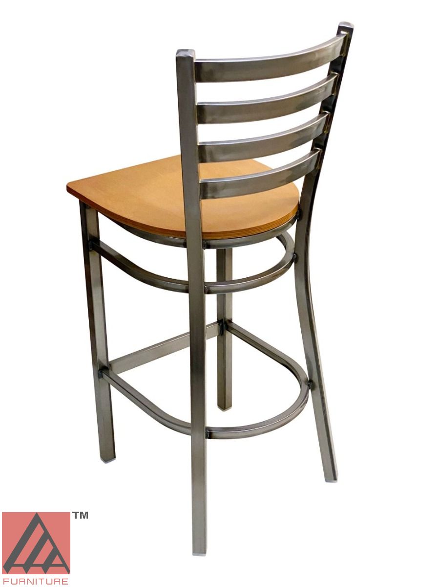 AAA Furniture Metal Ladder Back 43" Clear Coat Metal Bar Stool with Natural Wood Seat