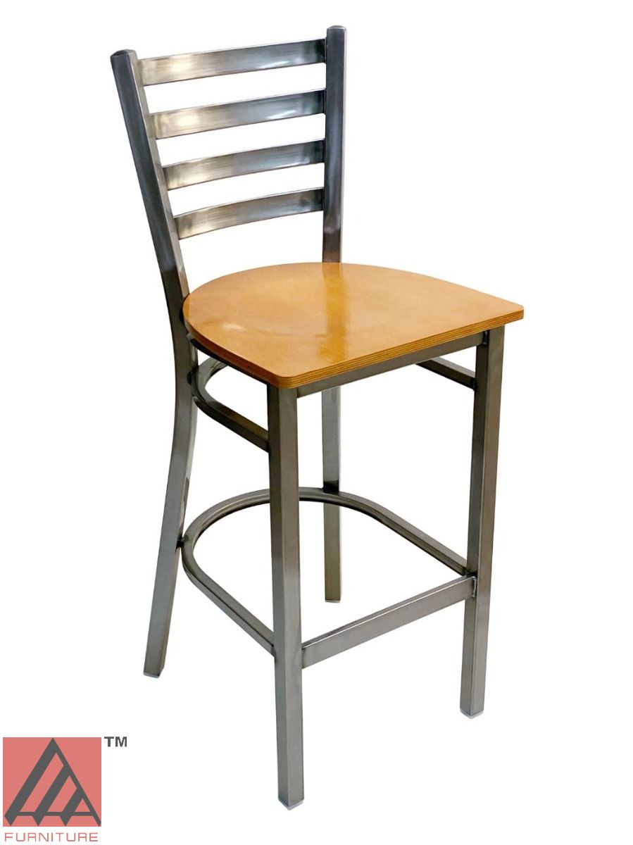 AAA Furniture Metal Ladder Back 43" Clear Coat Metal Bar Stool with Natural Wood Seat