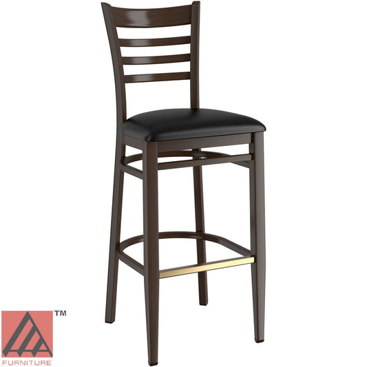 AAA Furniture Metal Ladder Back 47" Walnut Metal Bar Stool with Black Vinyl Seat