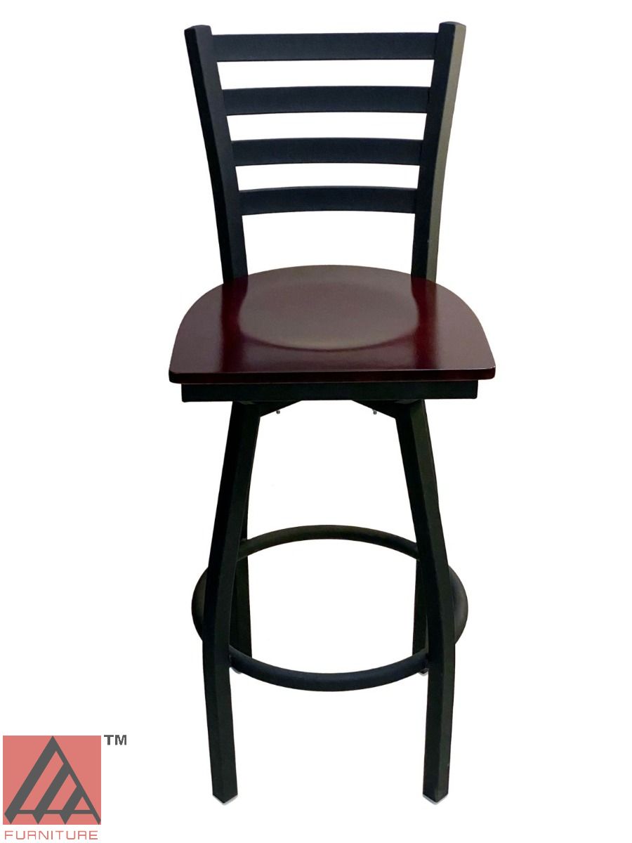 AAA Furniture Metal Ladder Back Swivel 43" Black Metal Bar Stool with Brown Wood Seat