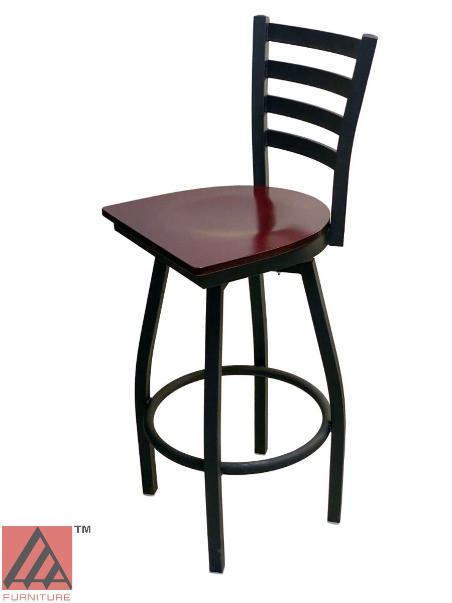 AAA Furniture Metal Ladder Back Swivel 43" Black Metal Bar Stool with Brown Wood Seat