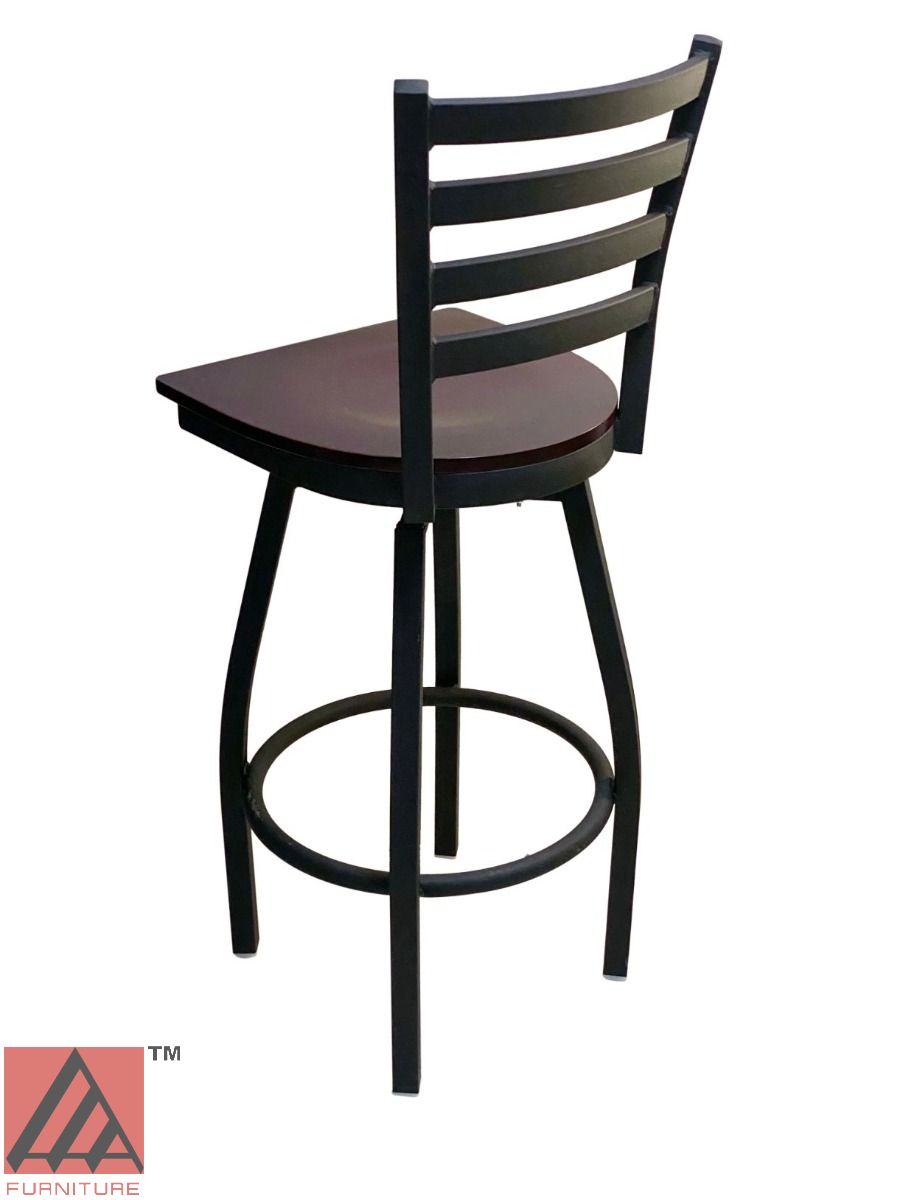 AAA Furniture Metal Ladder Back Swivel 43" Black Metal Bar Stool with Brown Wood Seat