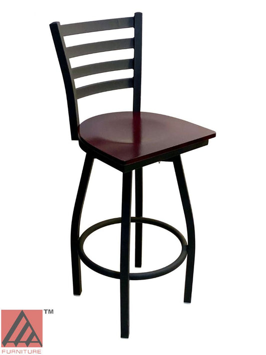 AAA Furniture Metal Ladder Back Swivel 43" Black Metal Bar Stool with Brown Wood Seat