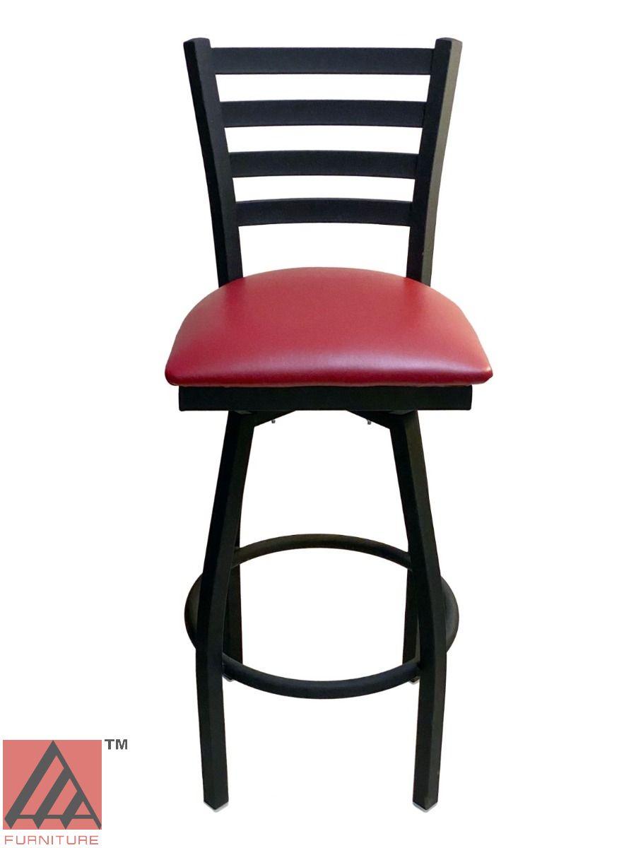 AAA Furniture Metal Ladder Back Swivel 43" Black Metal Bar Stool with Claret Customer Owned Material Seat