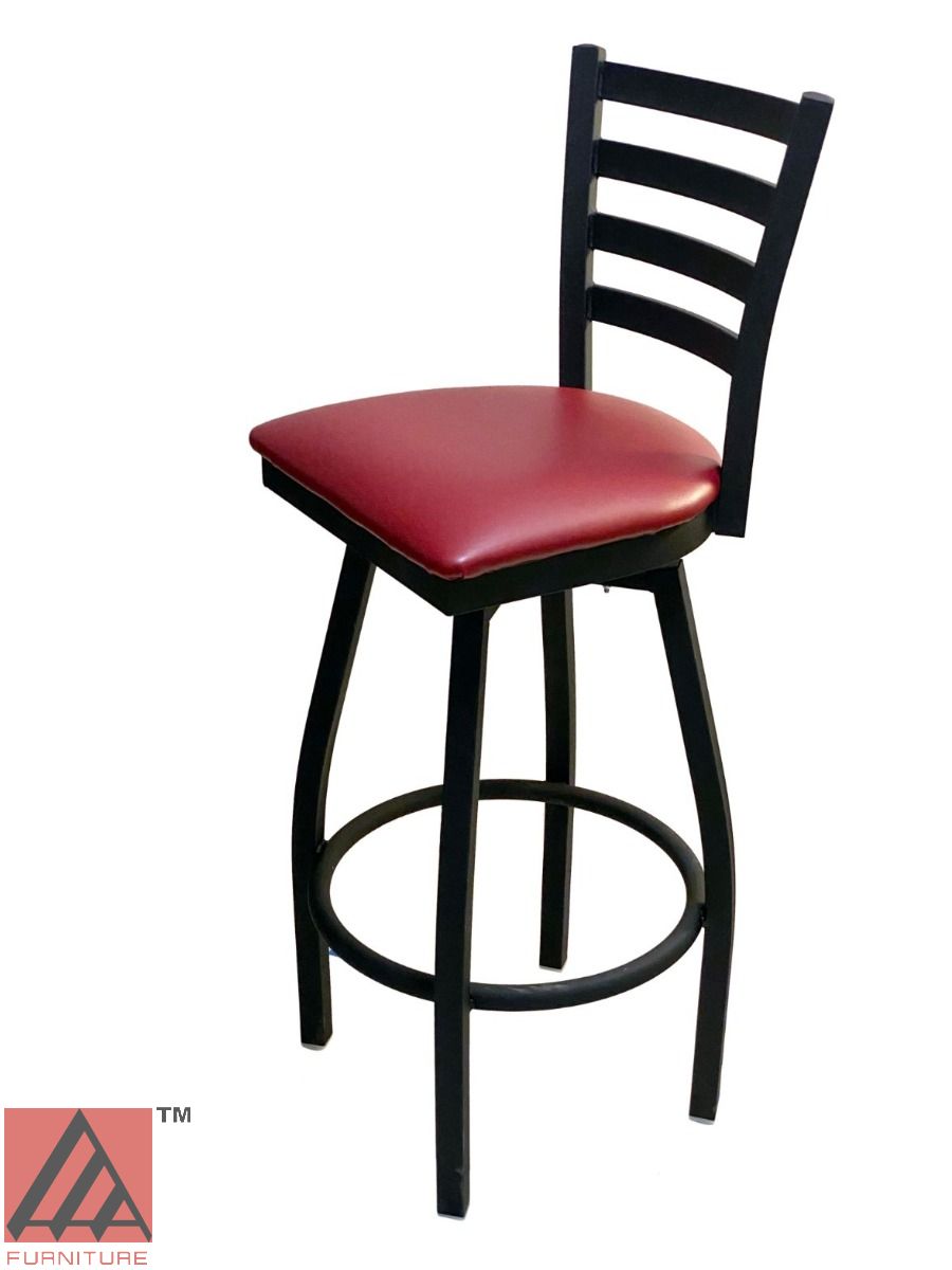 AAA Furniture Metal Ladder Back Swivel 43" Black Metal Bar Stool with Claret Customer Owned Material Seat