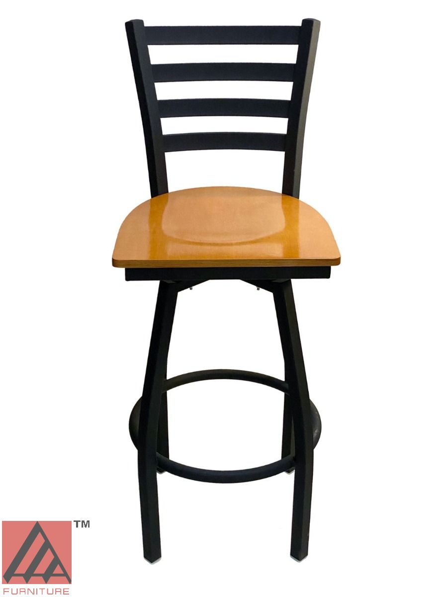 AAA Furniture Metal Ladder Back Swivel 43" Black Metal Bar Stool with Natural Wood Seat