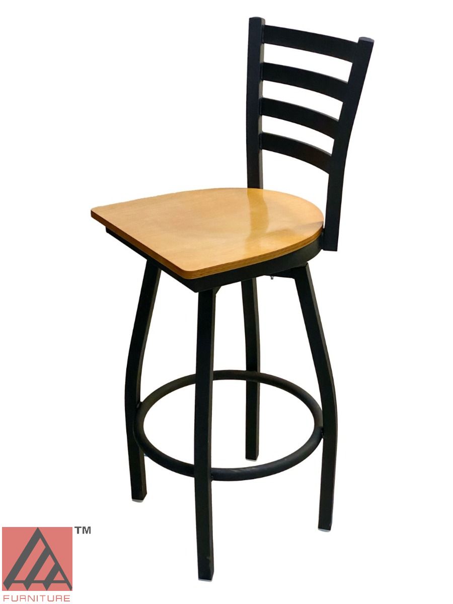 AAA Furniture Metal Ladder Back Swivel 43" Black Metal Bar Stool with Natural Wood Seat