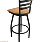 AAA Furniture Metal Ladder Back Swivel 43" Black Metal Bar Stool with Natural Wood Seat