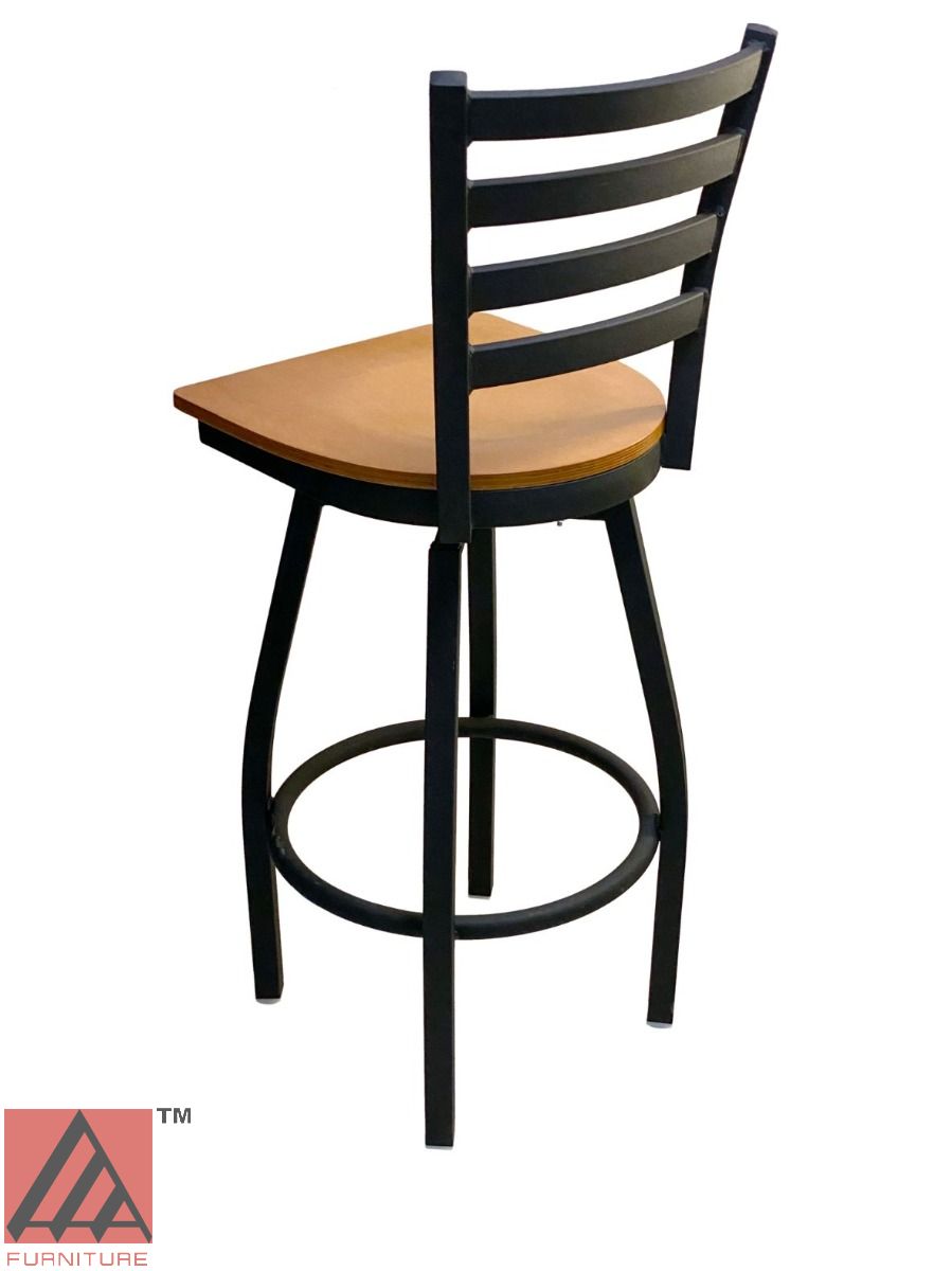 AAA Furniture Metal Ladder Back Swivel 43" Black Metal Bar Stool with Natural Wood Seat