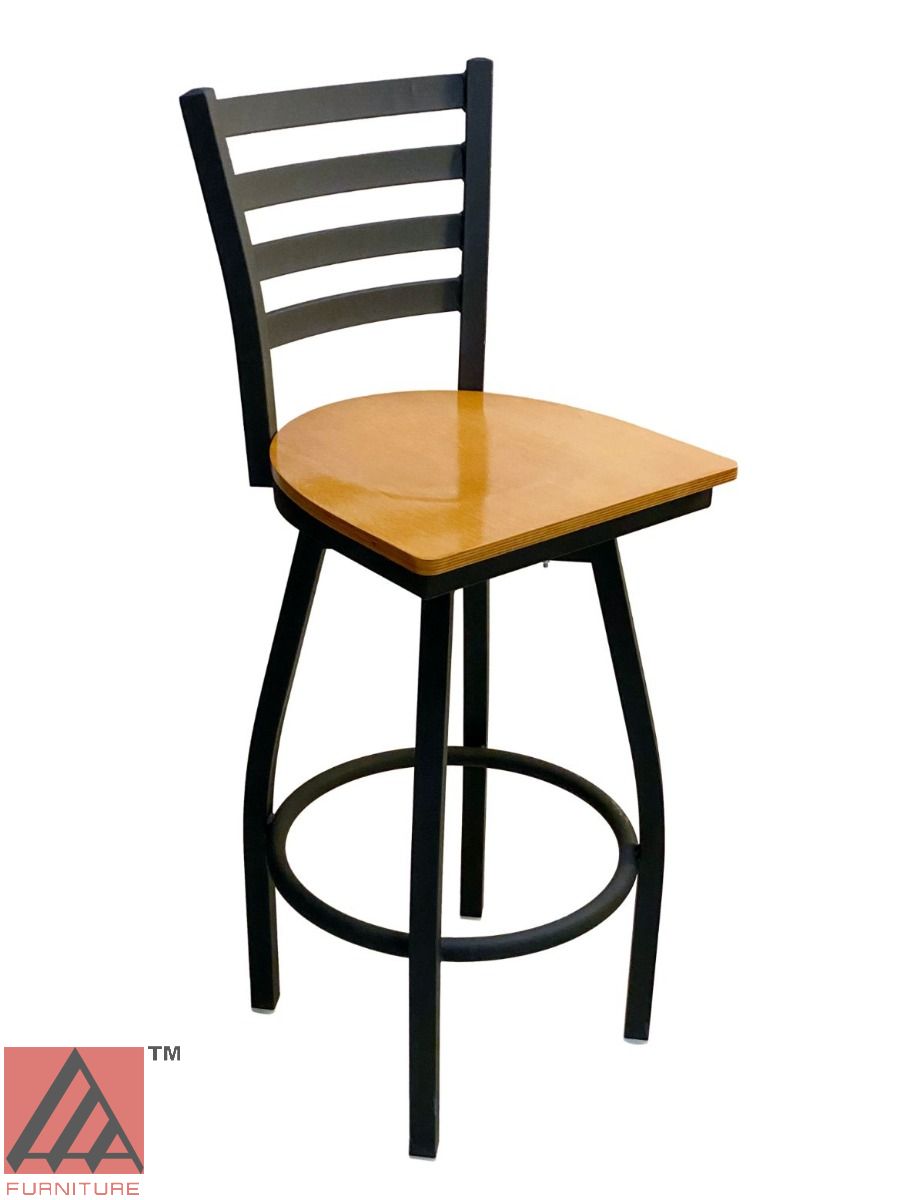 AAA Furniture Metal Ladder Back Swivel 43" Black Metal Bar Stool with Natural Wood Seat