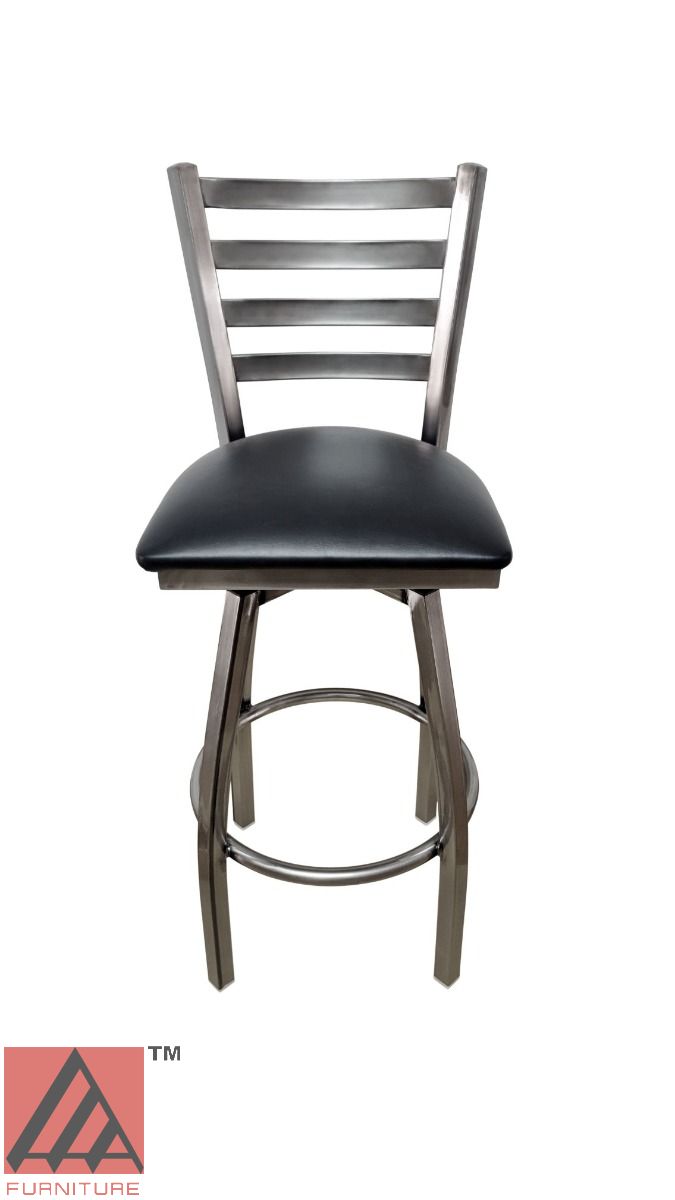 AAA Furniture Metal Ladder Back Swivel 43" Clear Coat Metal Bar Stool with Black Customer Owned Material Seat