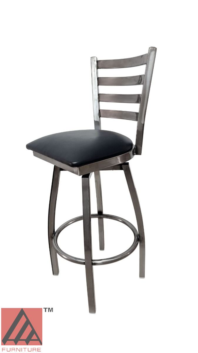 AAA Furniture Metal Ladder Back Swivel 43" Clear Coat Metal Bar Stool with Black Customer Owned Material Seat