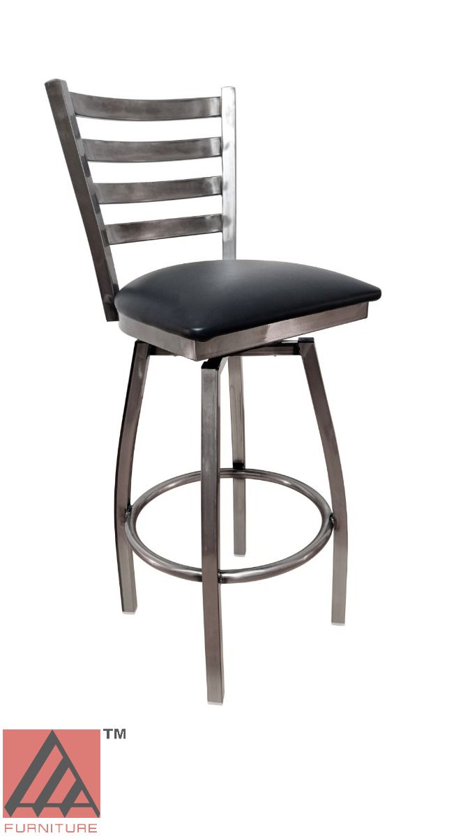 AAA Furniture Metal Ladder Back Swivel 43" Clear Coat Metal Bar Stool with Black Customer Owned Material Seat