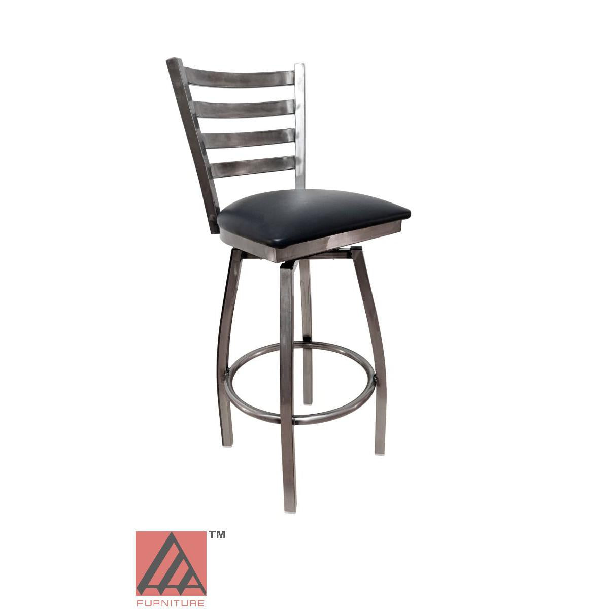 AAA Furniture Metal Ladder Back Swivel 43" Clear Coat Metal Bar Stool with Black Vinyl Seat