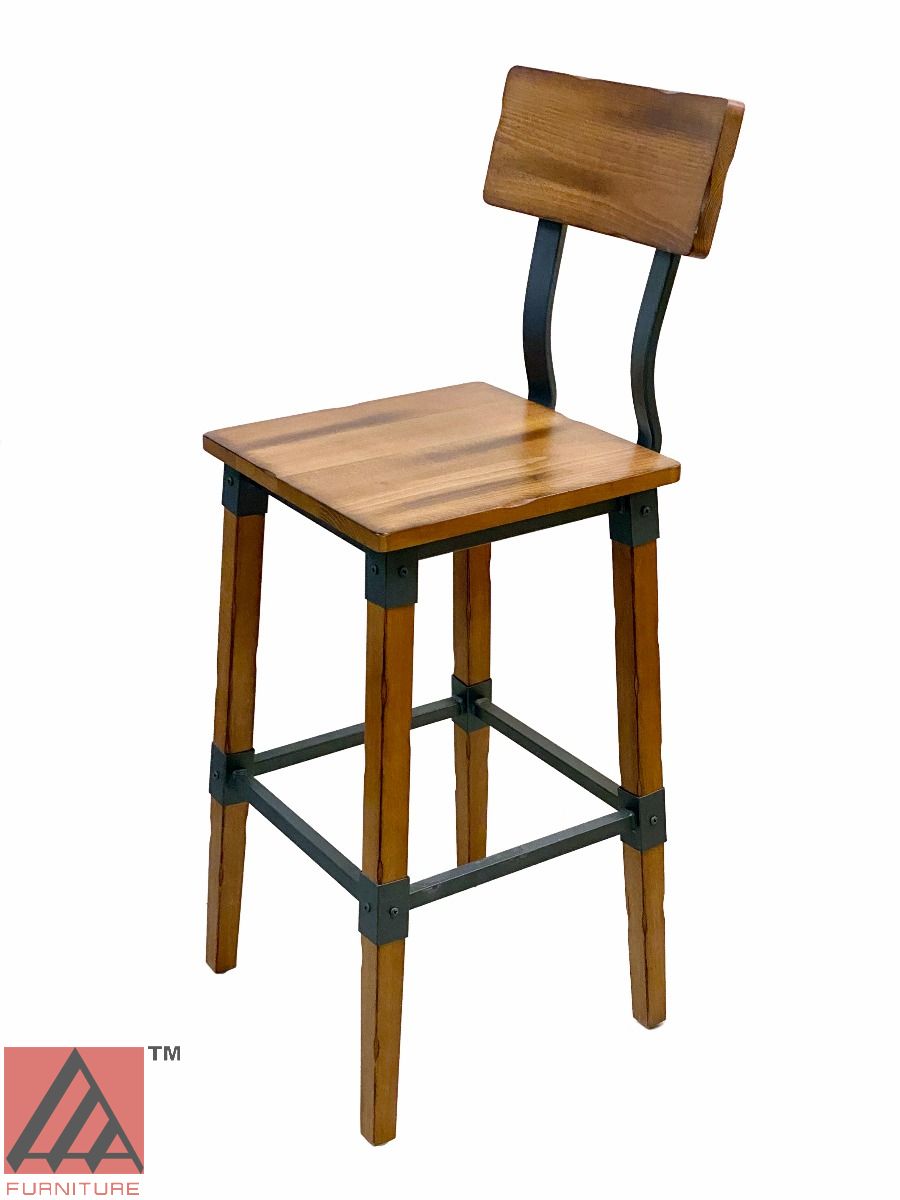 AAA Furniture Modern Industrial 44" Gunmetal Metal Bar Stool with Antique Walnut Wood Seat