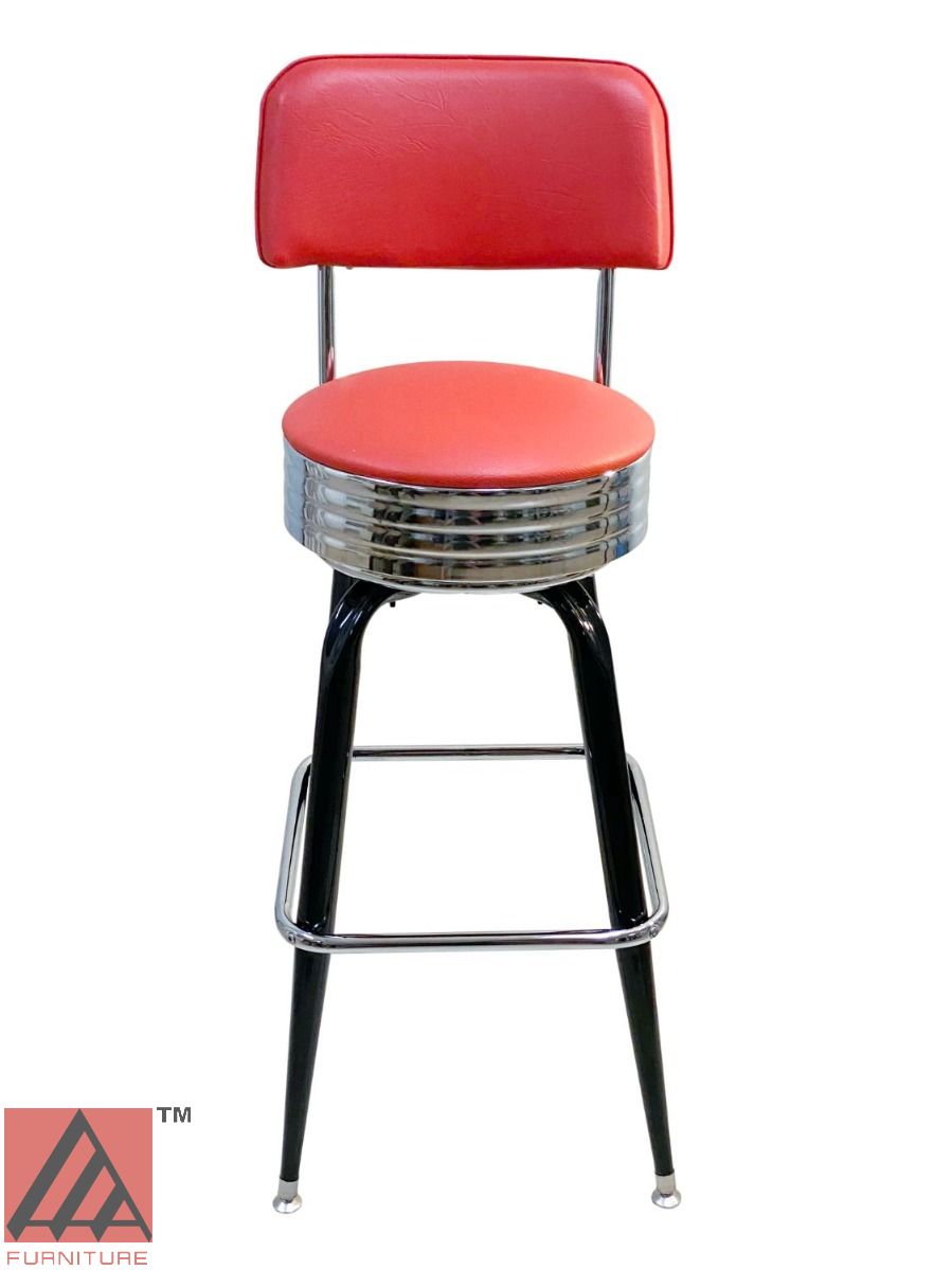 AAA Furniture Square Frame 43" Red Metal Bar Stool With Back And Chrome Seat Band