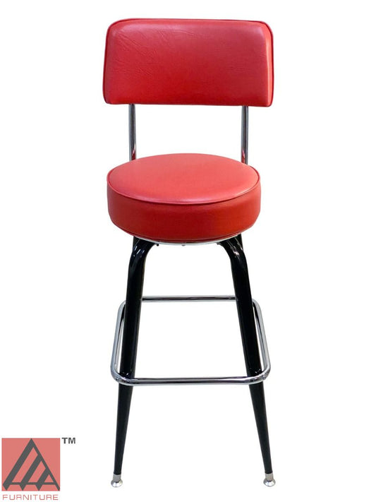 AAA Furniture Square Frame 43" Red Metal Bar Stool with Black Grade 4 Vinyl & Chrome Seat Band