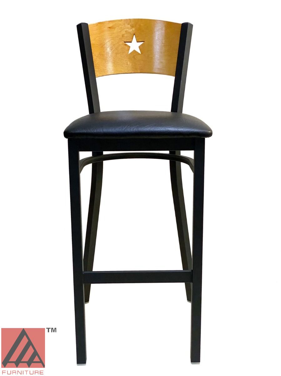 AAA Furniture Star Wood Back 42" Natural Metal Bar Stool with Black Grade 4 Vinyl Seat