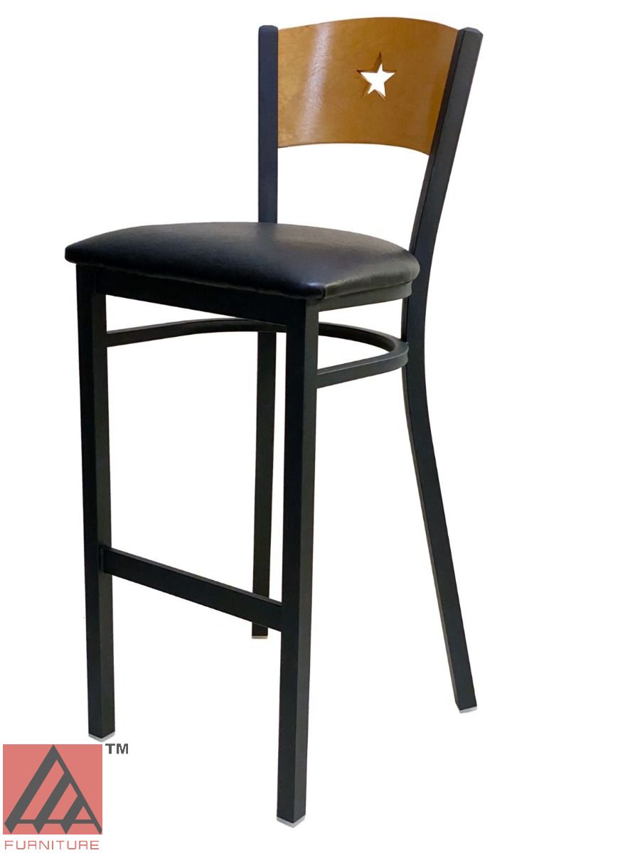 AAA Furniture Star Wood Back 42" Natural Metal Bar Stool with Black Grade 4 Vinyl Seat