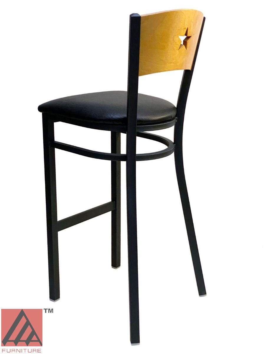 AAA Furniture Star Wood Back 42" Natural Metal Bar Stool with Black Grade 4 Vinyl Seat